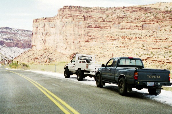 The steel enhanced Land Cruiser and modified Taco prepare to tackle the rocks of Moab